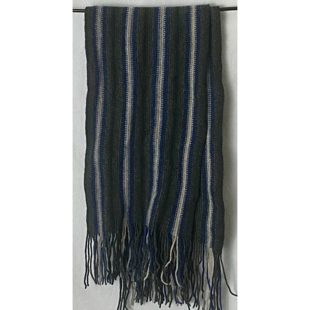 William Brunton Hand Knits 100% Lambswool Scarf Green Blue Ivory Fringe Scotland